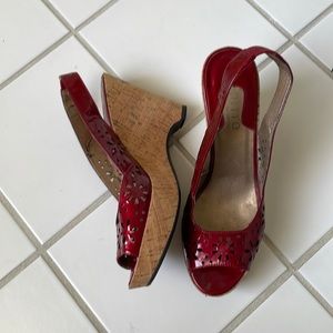 Red patent cork wedge platform shoe